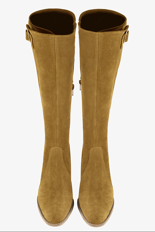 Mustard yellow women's knee-high boots with buckles. Round toe. Low leather soles. Made to measure. Top view - Florence KOOIJMAN
